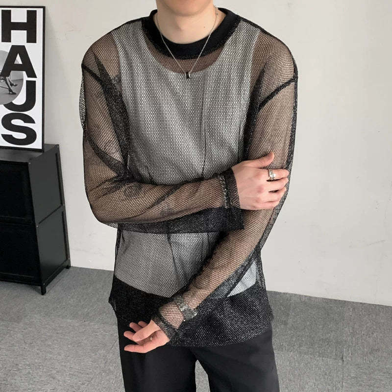 Men Sheer Fishnet Mesh Long Sleeve T Shirt Crew Neck See Through Hollow Out Slim Casual Tee Gothic Punk Nightclub Streetwear See Through Cover Up Top - view 3