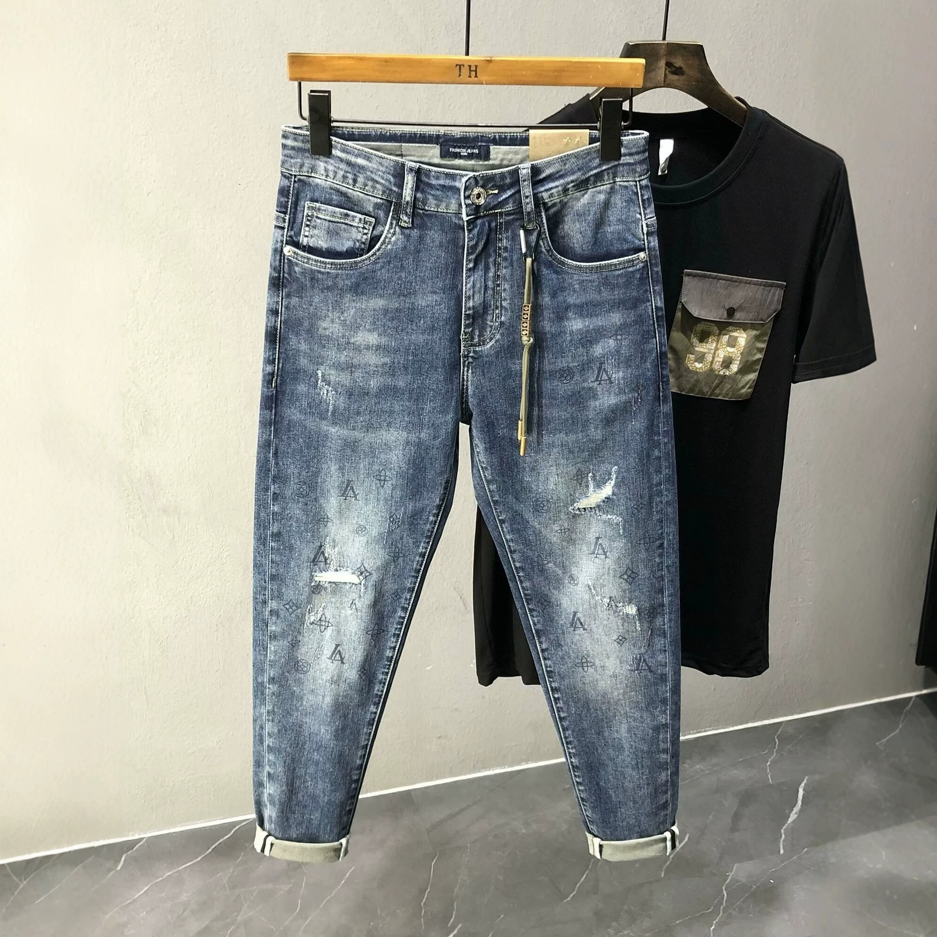 2026 Designer Retro Blue Jeans Men's Slim Fit Korean Version Slimming Small Feet Trendy Brand Casual And Simple Men's Stretch Long Pants Ess - view 4
