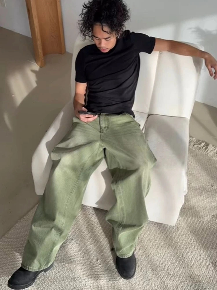 Mens Jeans Matcha Green Washed Gradient Denim Pants Harajuku Unisex Loose Fit Straight Leg Wide Leg Casual Streetwear Fashion 260724 - view 7