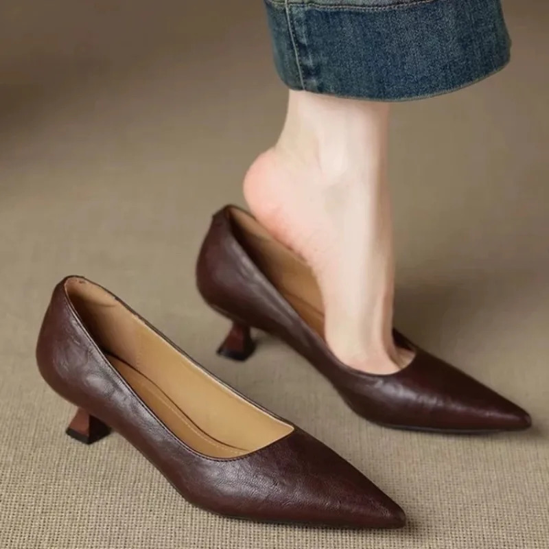 Womens Cow Leather Pointed Toe Slip-on Pumps High Quality Soft Comfortable Elegant Ladies Thin High Heel Slim Dress Shoes 260725