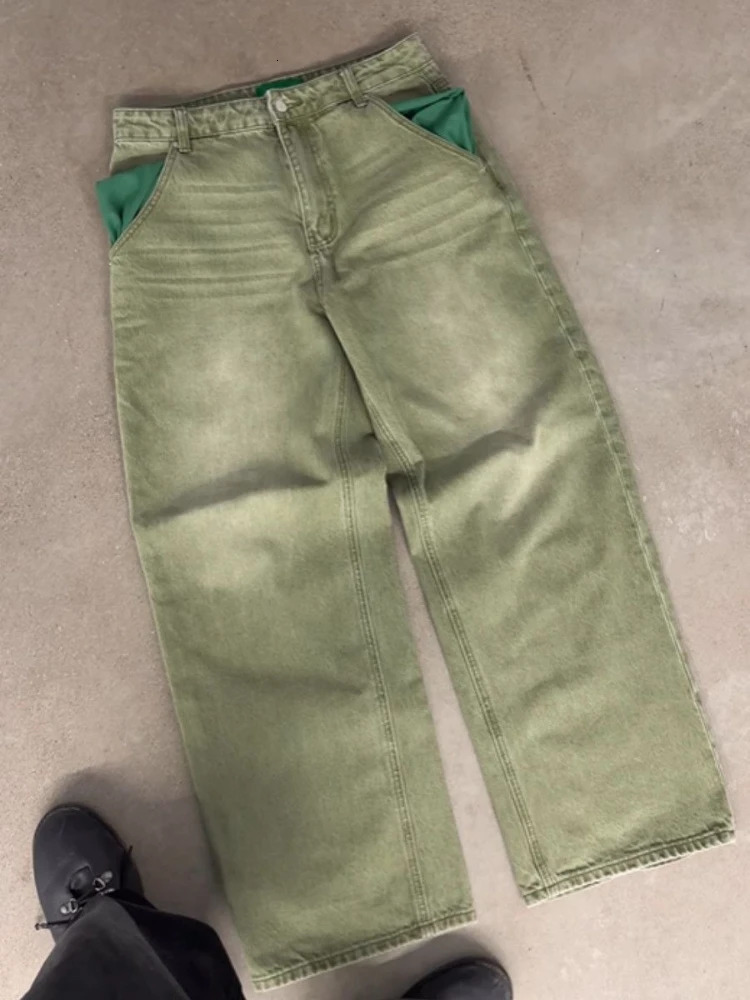 Mens Jeans Matcha Green Washed Gradient Denim Pants Harajuku Unisex Loose Fit Straight Leg Wide Leg Casual Streetwear Fashion 260724 - view 5