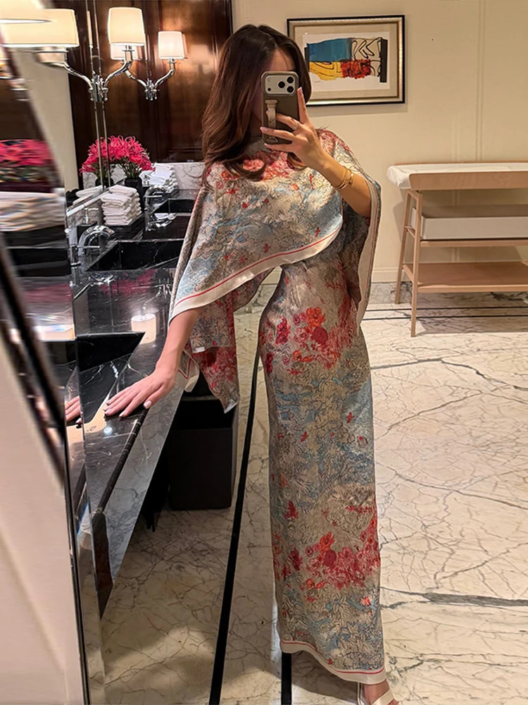 Women Floral Dress With Attached Shawl Cape Overlay Waisted Bodycon Maxi Dresses Fashion Elegant Commute 2026 Summer Autumn Gown 260724bj - view 3