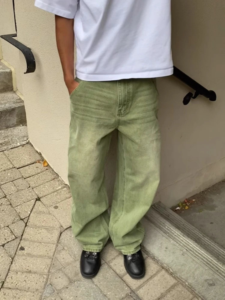 Mens Jeans Matcha Green Washed Gradient Denim Pants Harajuku Unisex Loose Fit Straight Leg Wide Leg Casual Streetwear Fashion 260724 - view 3