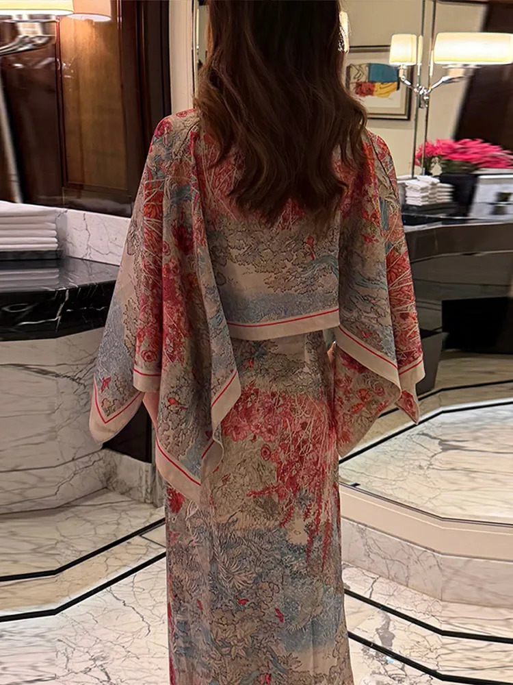 Women Floral Dress With Attached Shawl Cape Overlay Waisted Bodycon Maxi Dresses Fashion Elegant Commute 2026 Summer Autumn Gown 260724bj - view 7