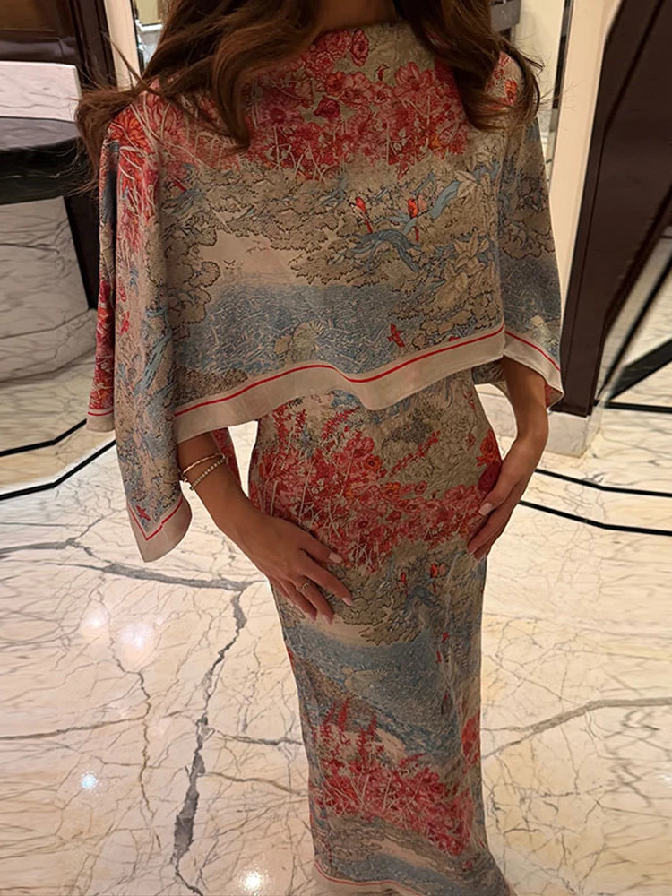 Women Floral Dress With Attached Shawl Cape Overlay Waisted Bodycon Maxi Dresses Fashion Elegant Commute 2026 Summer Autumn Gown 260724bj
