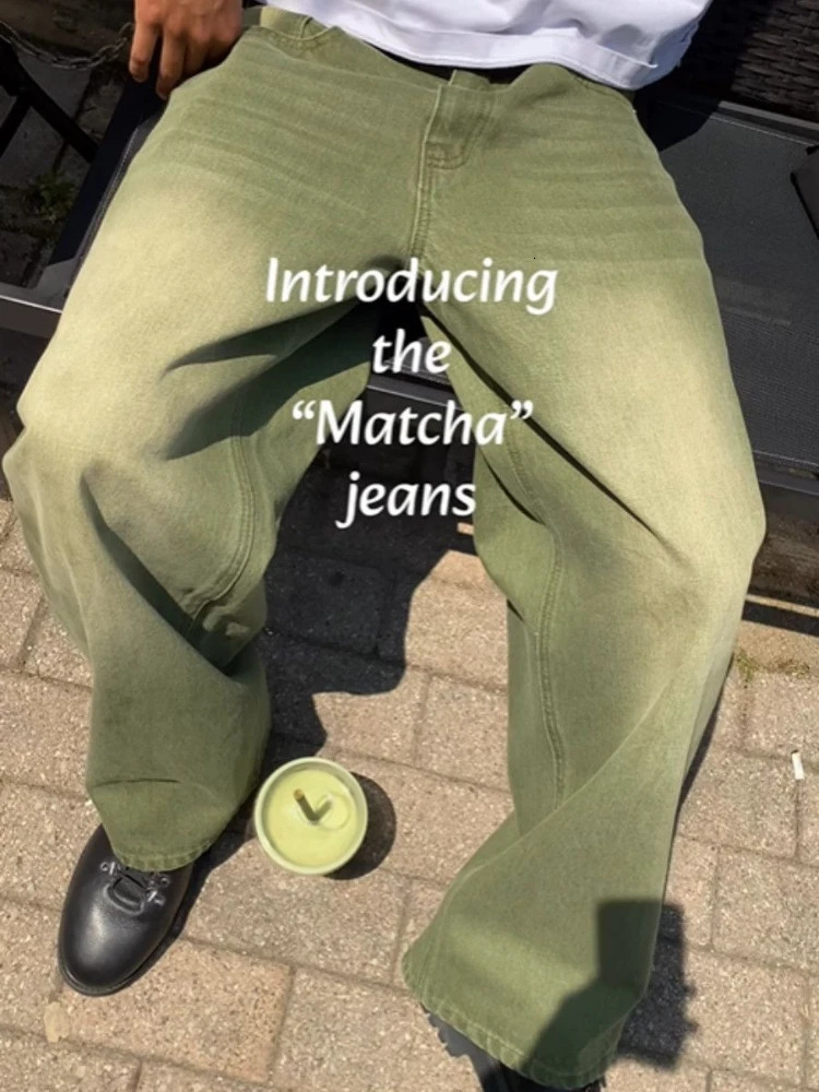 Mens Jeans Matcha Green Washed Gradient Denim Pants Harajuku Unisex Loose Fit Straight Leg Wide Leg Casual Streetwear Fashion 260724 - view 4