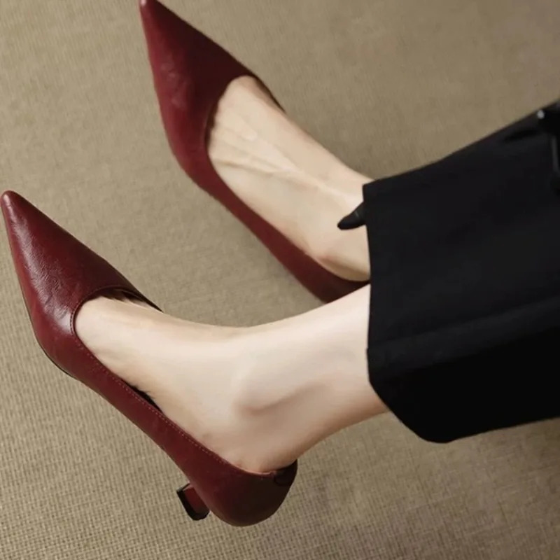 Womens Cow Leather Pointed Toe Slip-on Pumps High Quality Soft Comfortable Elegant Ladies Thin High Heel Slim Dress Shoes 260725 - view 4