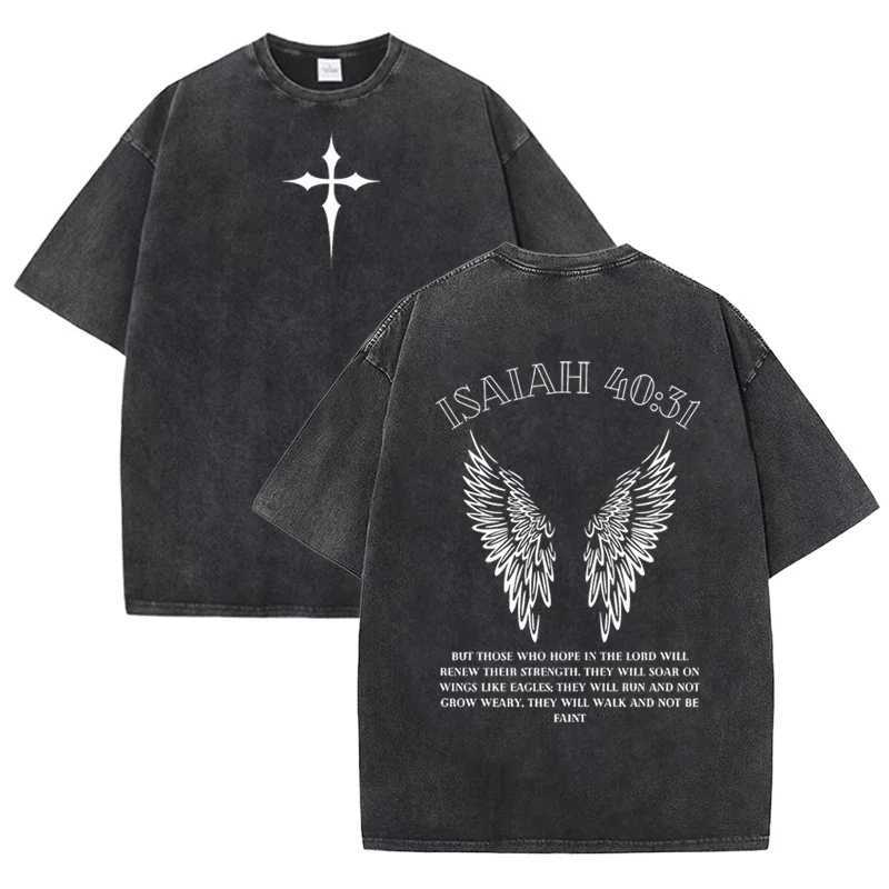 Stampa Versetto Della Bibbia Isaia 4031 T-Shirt Con Grafica Cristiana Grigia Lavata Vintage J260724-image