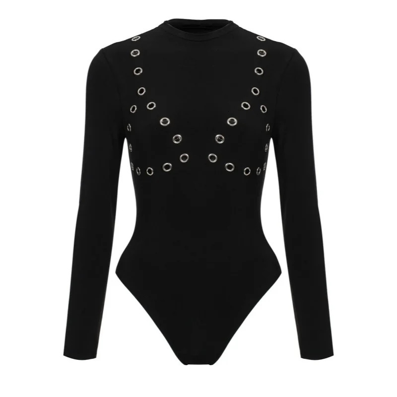 2026 summer European and American sexy girl solid color hollow slim fit round neck long sleeved jumpsuit 260724