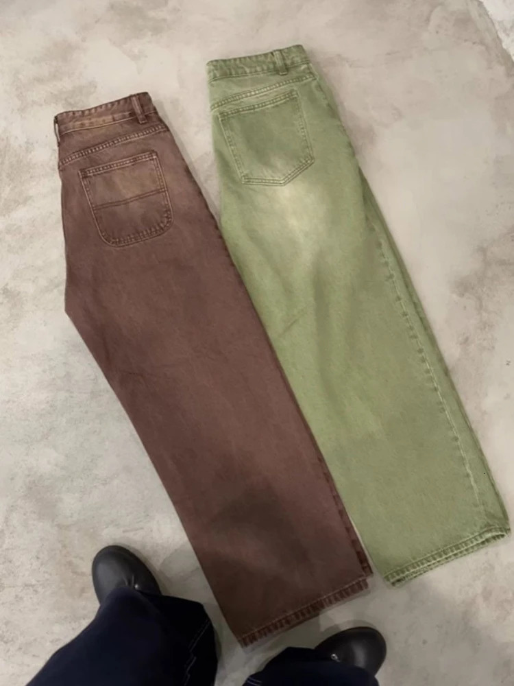 Mens Jeans Matcha Green Washed Gradient Denim Pants Harajuku Unisex Loose Fit Straight Leg Wide Leg Casual Streetwear Fashion 260724 - view 6