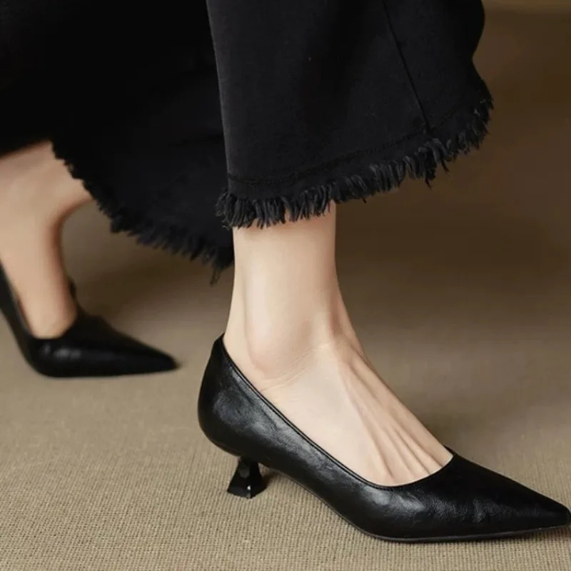 Womens Cow Leather Pointed Toe Slip-on Pumps High Quality Soft Comfortable Elegant Ladies Thin High Heel Slim Dress Shoes 260725 - view 6