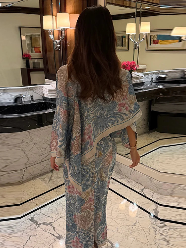 Women Floral Dress With Attached Shawl Cape Overlay Waisted Bodycon Maxi Dresses Fashion Elegant Commute 2026 Summer Autumn Gown 260724bj - view 6