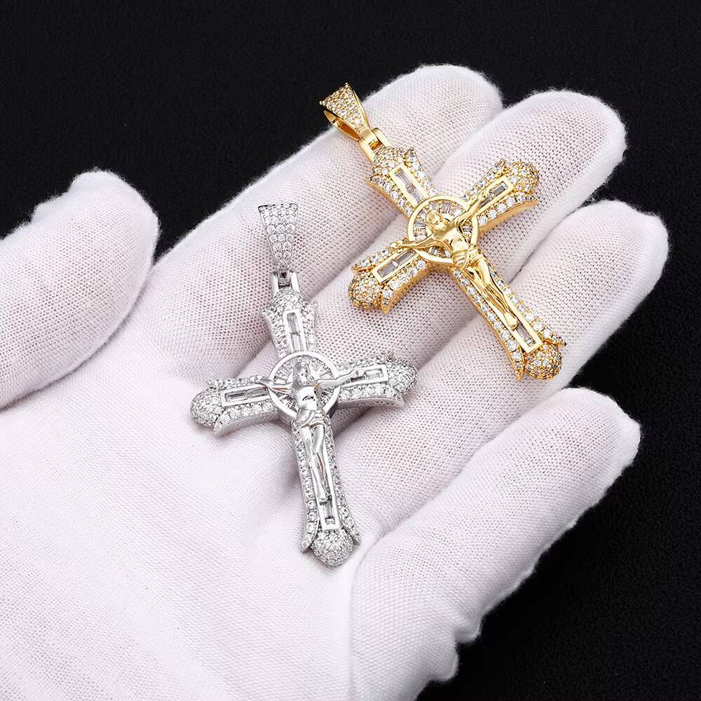 18K Gold Plated Icy Jesus Crucifix Cross Gem Moissanite Pendant Necklace Unisex Religious Hip Hop Statement Charm Bling Streetwear Jewelry For Men Wom - view 6