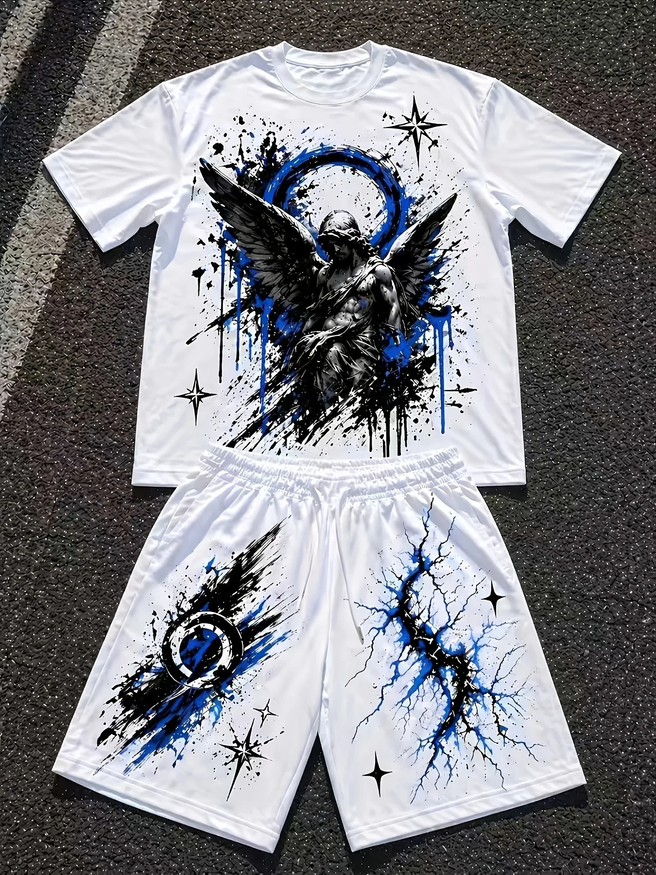 2026 Retro Y2K Gothic Ink Splash Angel Print Uomo 2 Pezzi T-Shirt Da Corsa Set Sportivo Casual 260725-image
