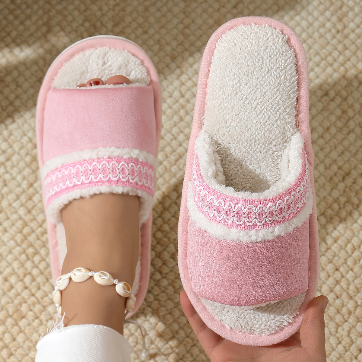 Winter New Splicing Lace Plush Slippers Fashionable and Versatile Home Warm and Anti slip Flat Bottom Thick Cotton Slippers Free Shipping - view 6