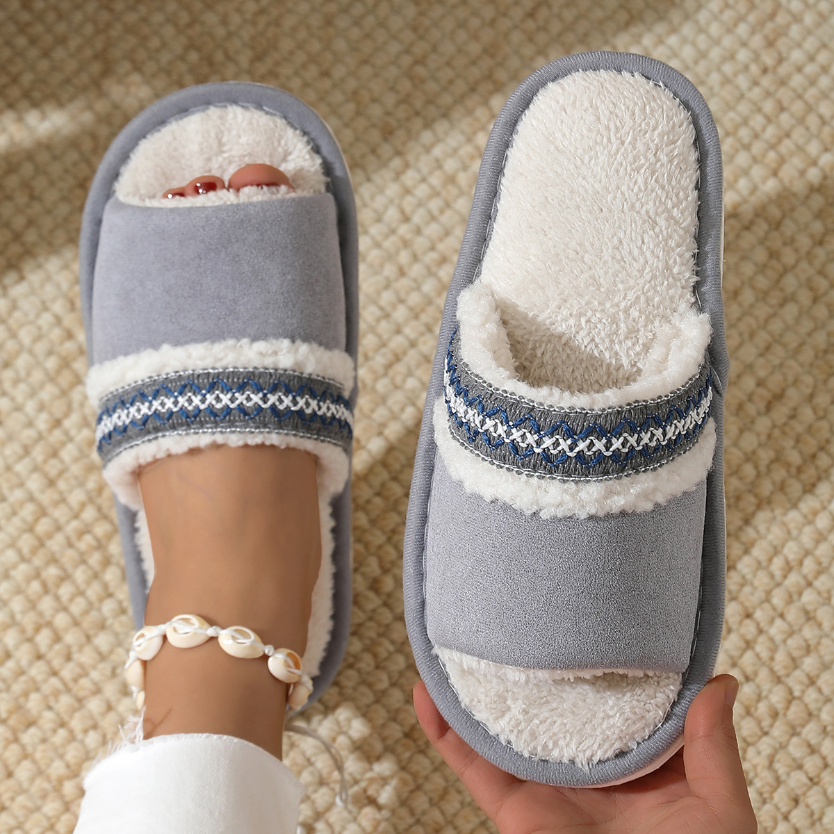 Winter New Splicing Lace Plush Slippers Fashionable and Versatile Home Warm and Anti slip Flat Bottom Thick Cotton Slippers Free Shipping - view 7