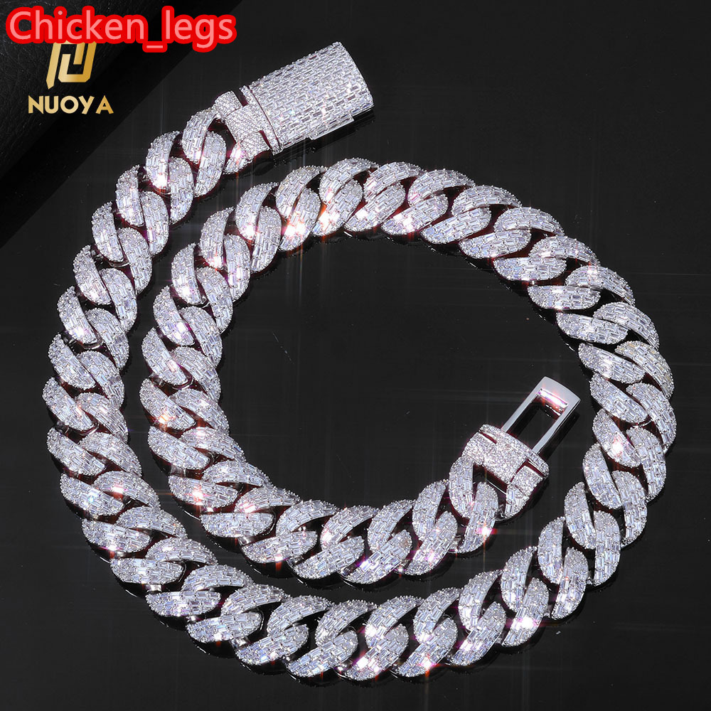 NUOYA 20mm Cuban Link Chain Necklace Iced Out moissanite Stones Flip Clasp Baguette Cut Diamond Inlay Hip Hop Fine Jewelry