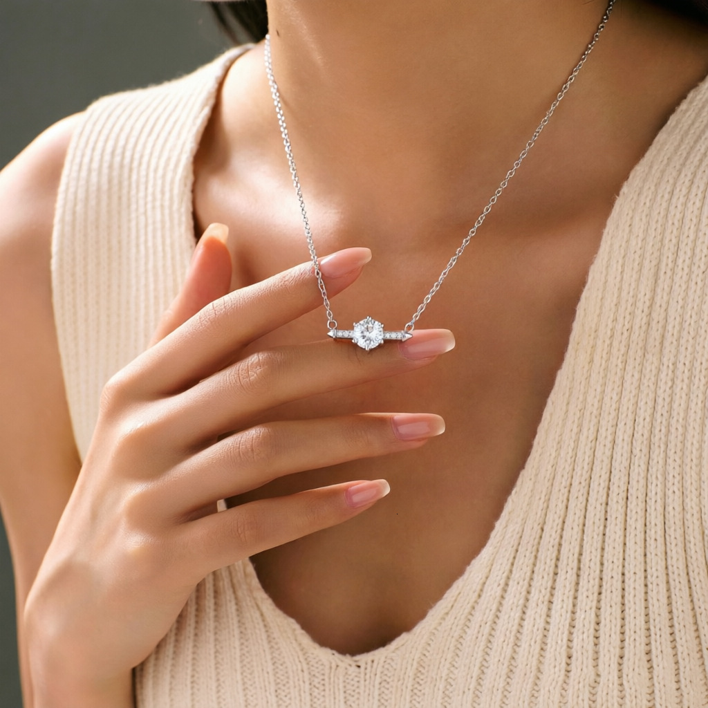 New S925 Sterling Silver Rhodium Plated Arrow Bar Gem 1CT Moissanite Pendant Necklace Minimalist Dainty Clavicle Chain Chic Stackable Fine Jewelry For - view 4