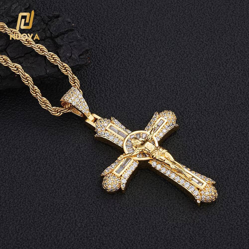 18K Gold Plated Icy Jesus Crucifix Cross Gem Moissanite Pendant Necklace Unisex Religious Hip Hop Statement Charm Bling Streetwear Jewelry For Men Wom - view 3