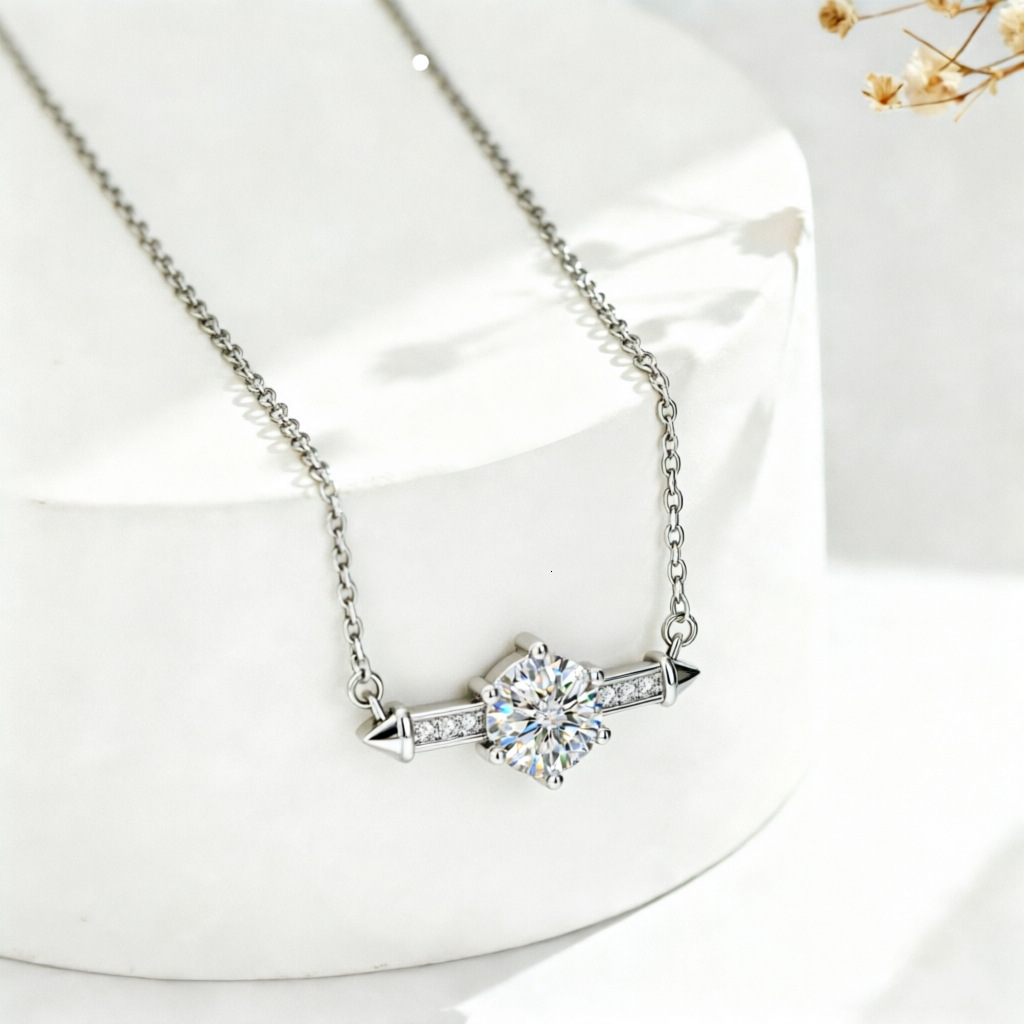 New S925 Sterling Silver Rhodium Plated Arrow Bar Gem 1CT Moissanite Pendant Necklace Minimalist Dainty Clavicle Chain Chic Stackable Fine Jewelry For - view 3