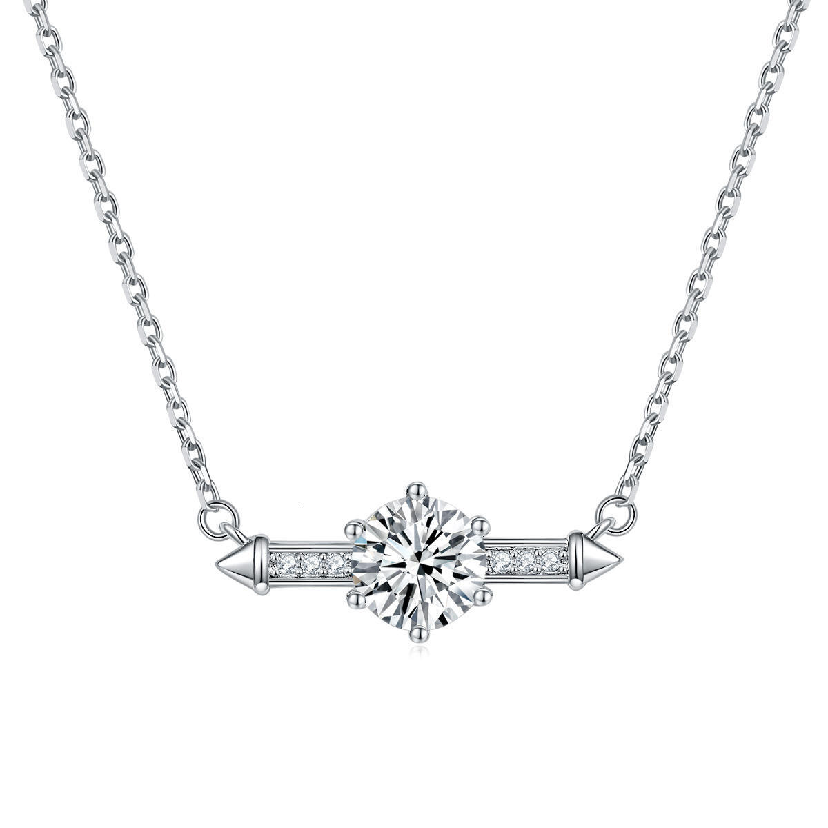 New S925 Sterling Silver Rhodium Plated Arrow Bar Gem 1CT Moissanite Pendant Necklace Minimalist Dainty Clavicle Chain Chic Stackable Fine Jewelry For - view 5