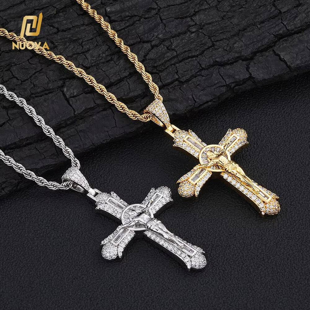 18K Gold Plated Icy Jesus Crucifix Cross Gem Moissanite Pendant Necklace Unisex Religious Hip Hop Statement Charm Bling Streetwear Jewelry For Men Wom - view 5