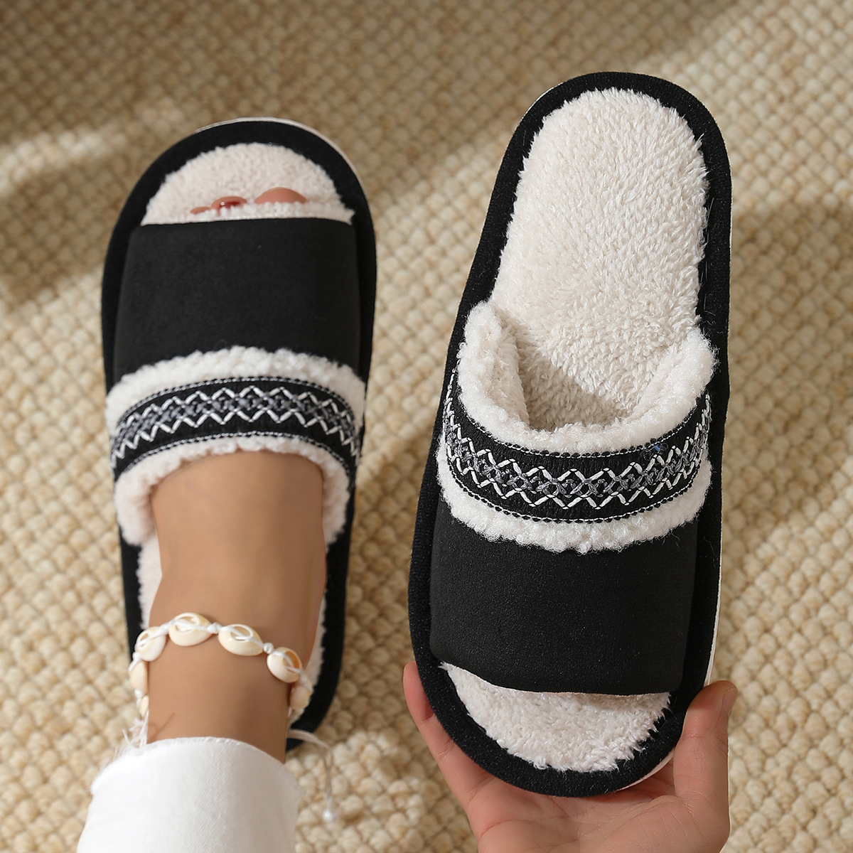 Winter New Splicing Lace Plush Slippers Fashionable and Versatile Home Warm and Anti slip Flat Bottom Thick Cotton Slippers Free Shipping - view 5