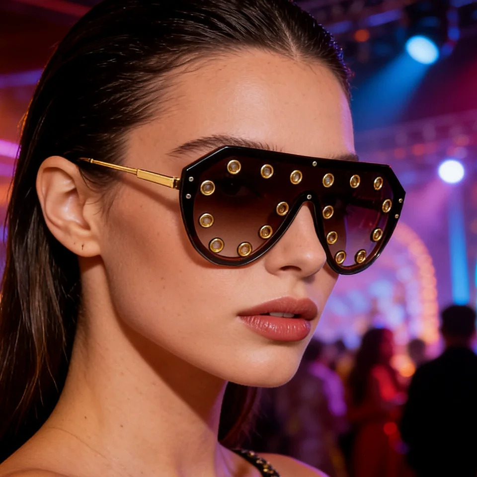 Trendy y2k Oversized One-piece Sunglasses Women Metal Rivet Party Cool Big Frame Shades UV400 Beach Club Streetwear 260725