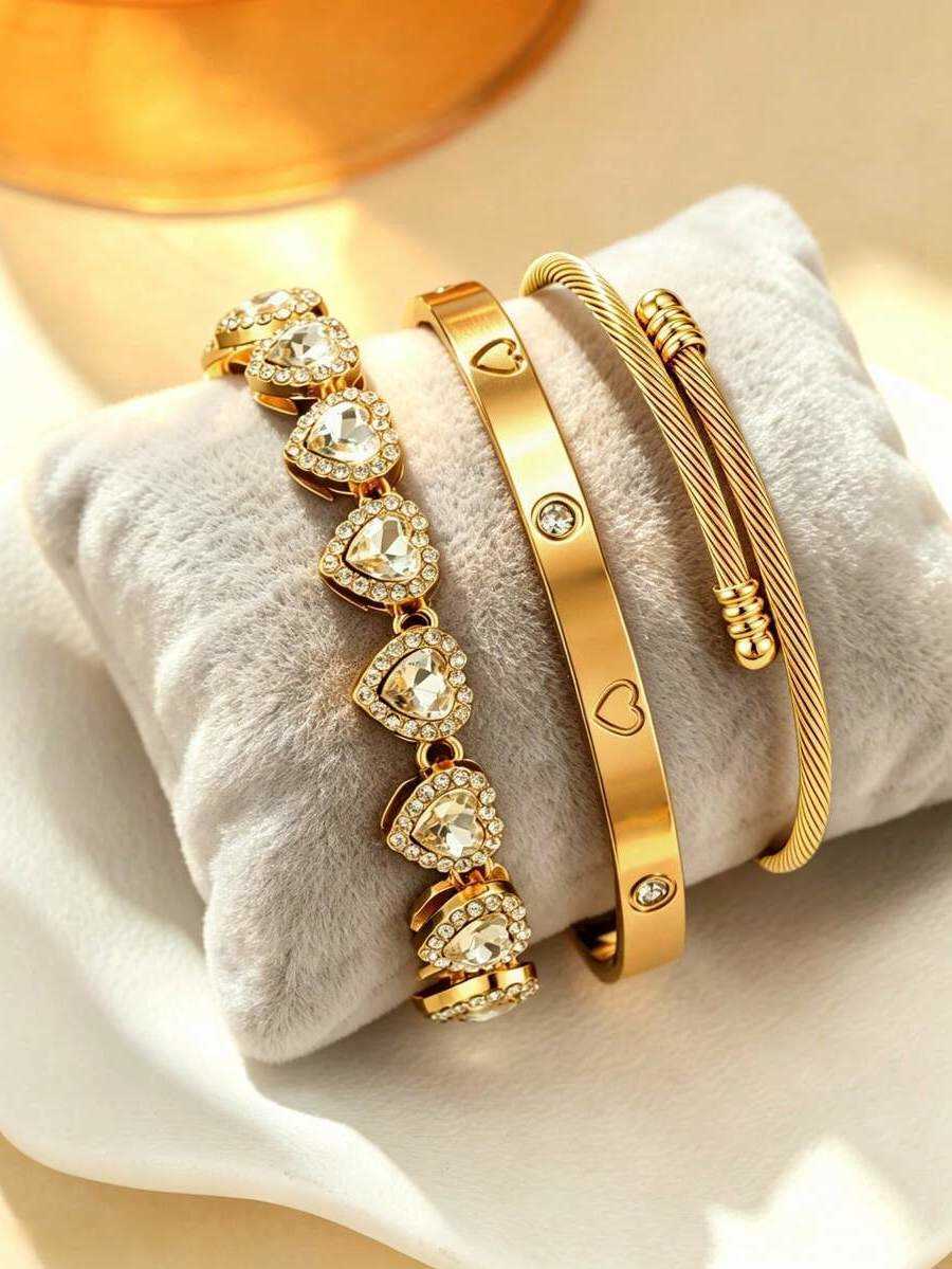 3pcs1pc 18K Gold Stainless Steel HeartShaped Bracelet Set Zirconia Heart Bracelet Fashion Jewelry Wristband Suitable For Womens Daily Wear And Gift Gi - view 3