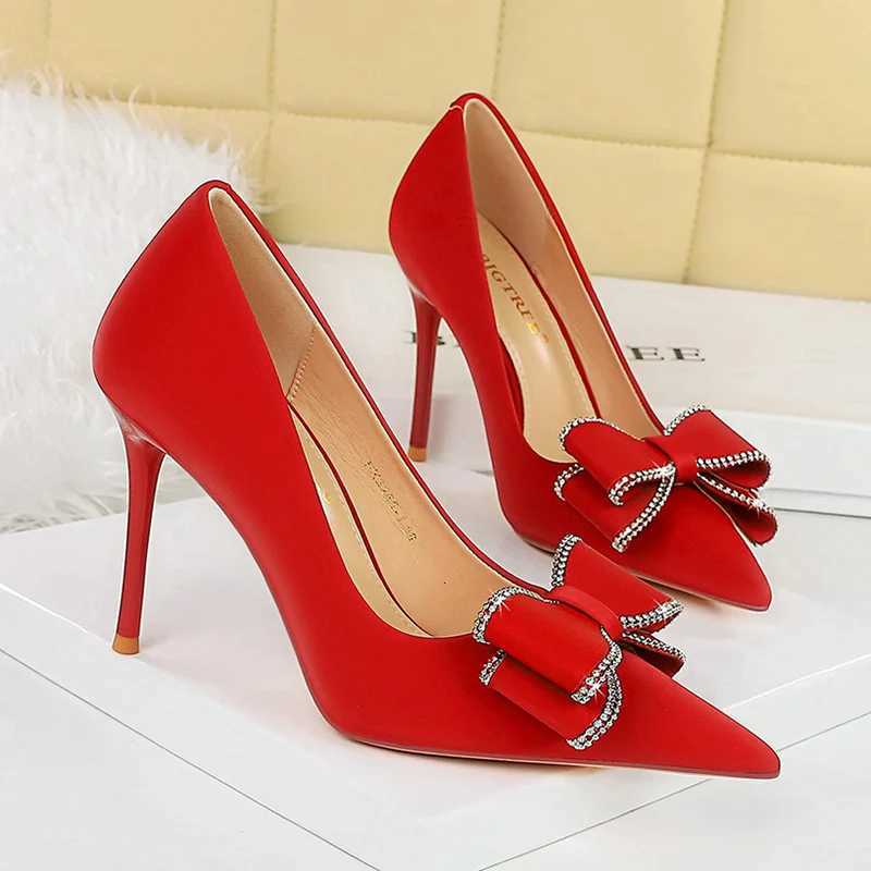 New Fashion BIGTREE Women Dress Shoes 10cm High Heels Shallow Pointed Toe Crystal Butterfly Knots Lady Red Silk Shoes Size 34-40T260724 - view 3