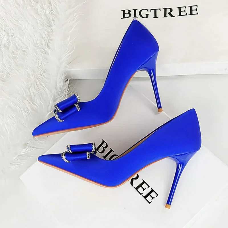 New Fashion BIGTREE Women Dress Shoes 10cm High Heels Shallow Pointed Toe Crystal Butterfly Knots Lady Red Silk Shoes Size 34-40T260724 - view 4