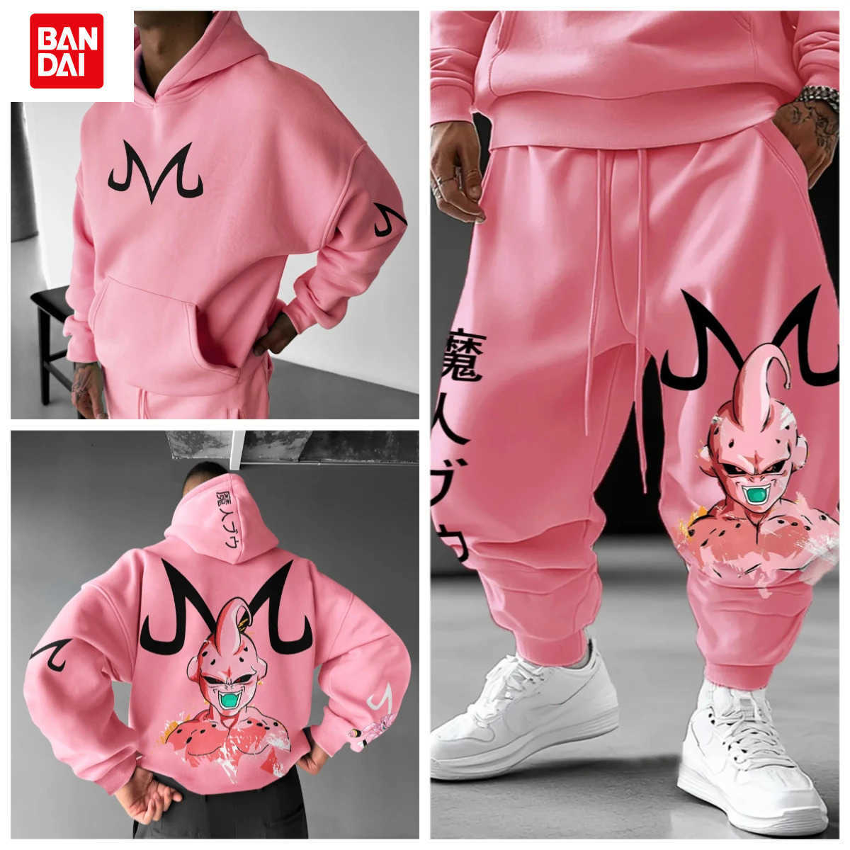 BANDAI Majin Buu Hoodie Pants Set Anime Cotton Loose Fit Graphic Print Streetwear Casual Sweatshirt Joggers Japanese Cartoon Character C260728