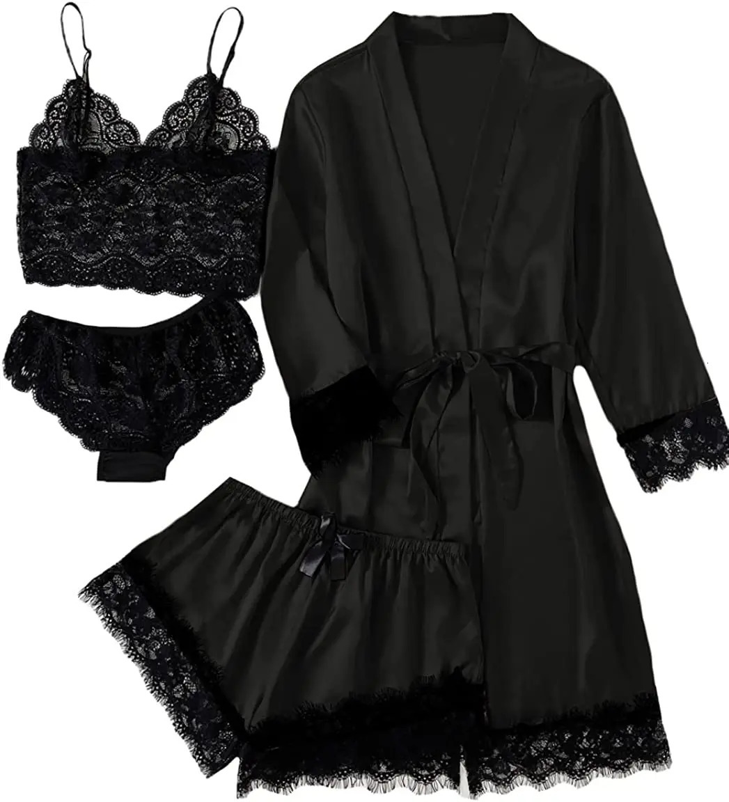 Sexy Women Home Dressing Gown Lingerie Lace Patchwork Satin Robe Set Nightwear Casual Sleepwear Kimono Bathrobe Nightdress 260727 - view 4
