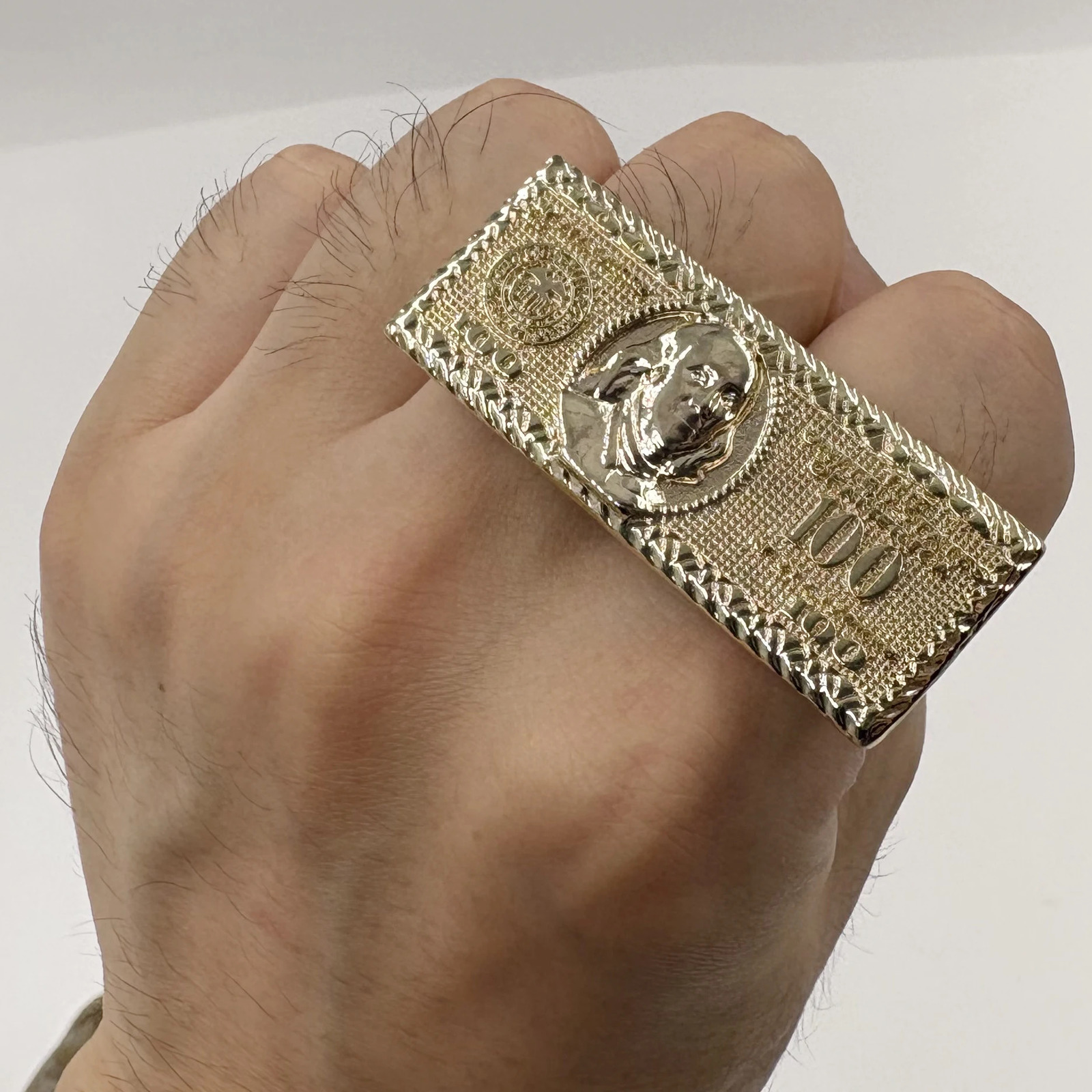 100 Dollar Bill n 2 Finger Ring Heavy Rough Hip Hop Style 14K Gold Plated Big Size Mens Party Gift US Dollar Theme 260728 - view 6