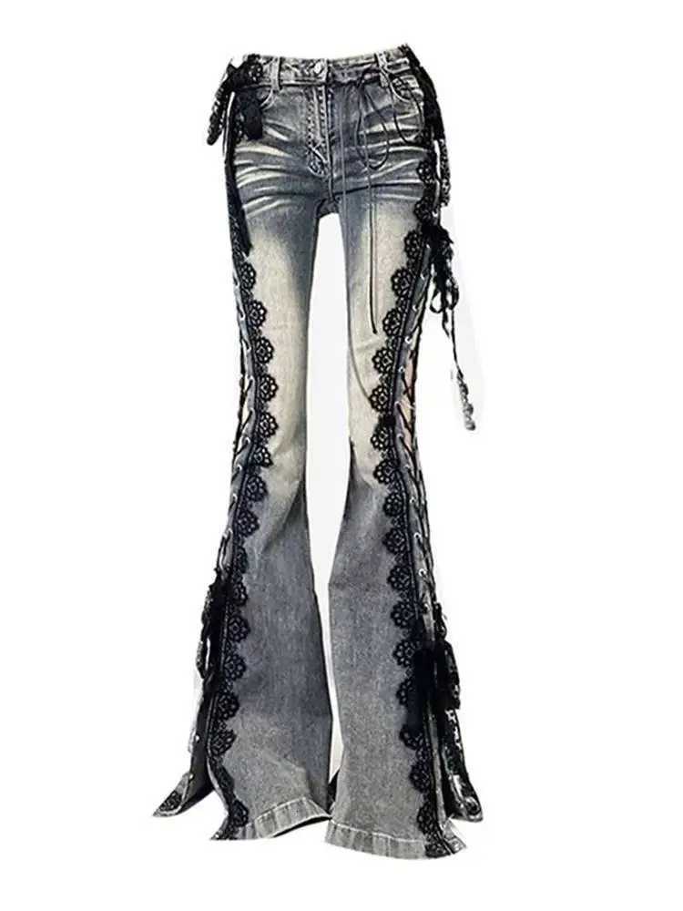 Rise Laced Split Bootcut Low Pants Women Jeans Do Old Sexy Skinny Hollow Out Bell Bottoms Retro Y2k Streetwear Aesthetic J260727 - view 7