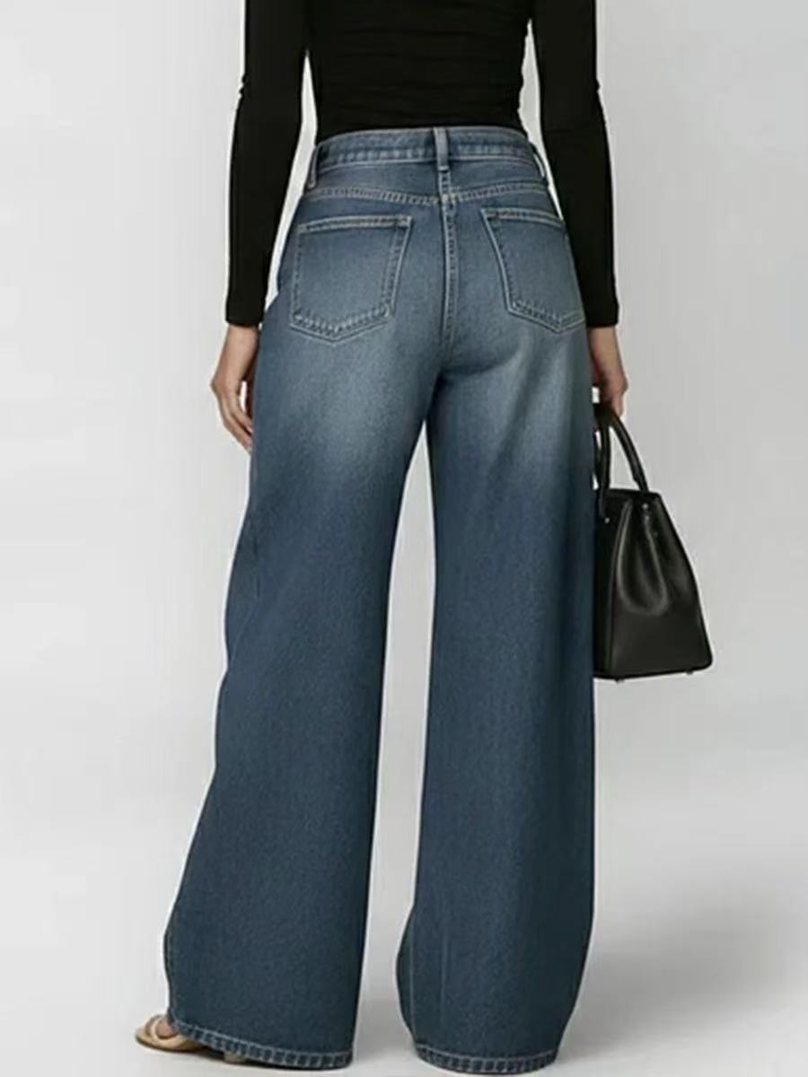 Women's Jeans High Waist Wide Leg Blue Denim Gold Eyelet Cutout Decor Loose Fit Streetwear Casual Y2K Trousers - view 6