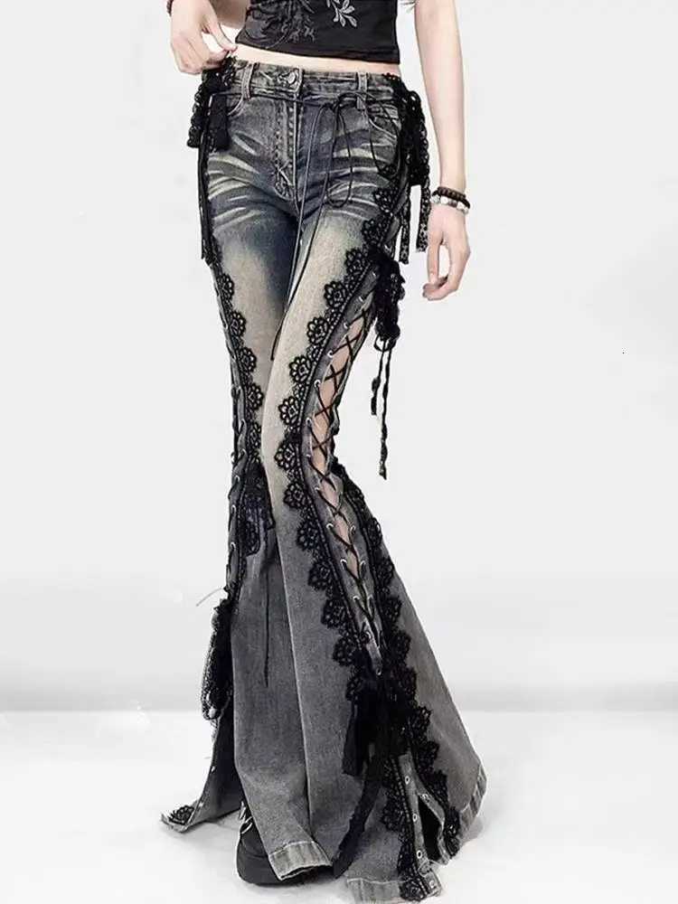 Rise Laced Split Bootcut Low Pants Women Jeans Do Old Sexy Skinny Hollow Out Bell Bottoms Retro Y2k Streetwear Aesthetic J260727 - view 4