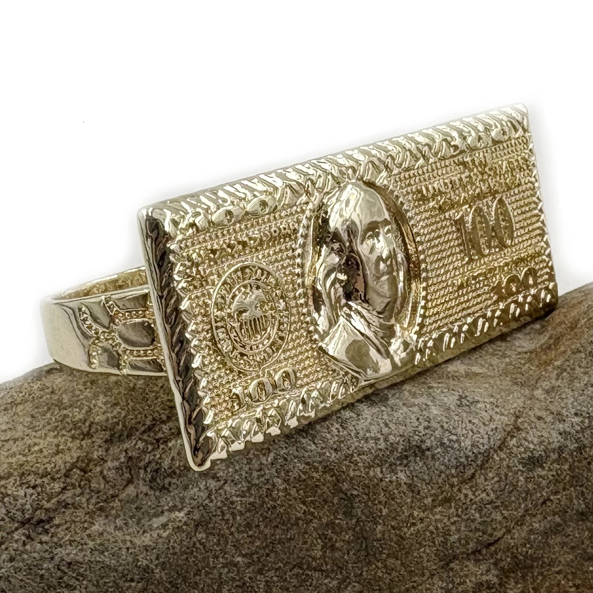 100 Dollar Bill n 2 Finger Ring Heavy Rough Hip Hop Style 14K Gold Plated Big Size Mens Party Gift US Dollar Theme 260728 - view 5
