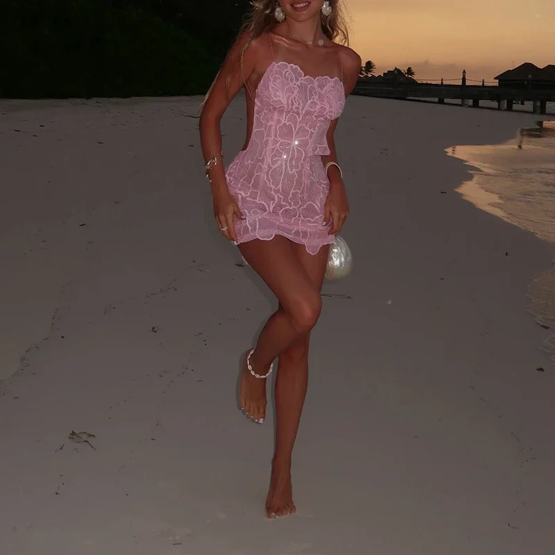 Flower Embroidery Camisole Beach Dress Seaside Party Backless Hollow Out Women Dress Fashion Off Shoulder High Waist Mini Dress 260727BJ - view 5