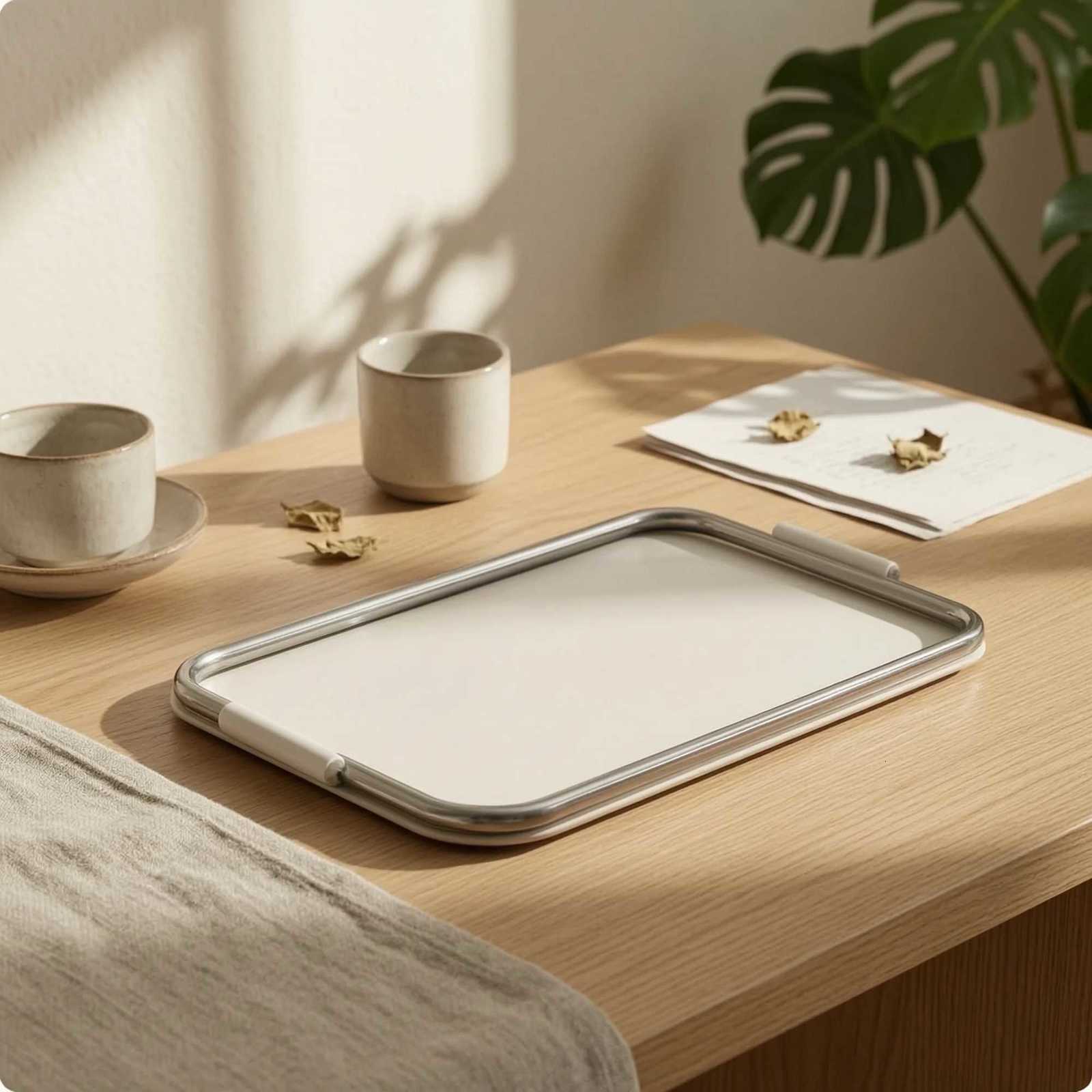 Leather Tray with Metal Frame Rectangar Catchall Tray with Handles Tabletop Organizer Modern Long-La for Coffee Table J260728 - view 3