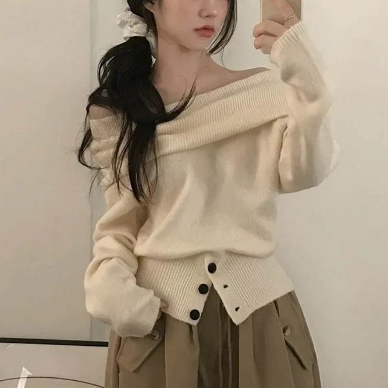 Off Shoulder Sweater Long Sleeve Button Knitted Top with Open Shoulder Off-the-Shoulder Pullovers Elegant Fashion Fall Winter 260725 - view 4
