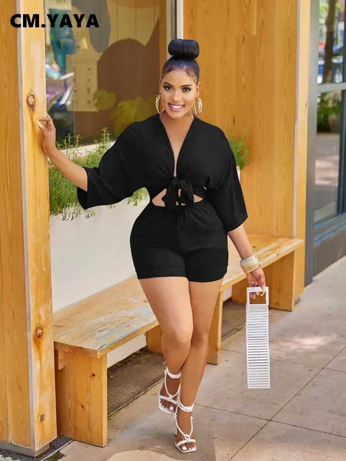 CMYAYA Women Bowknot Up V-neck Half Sleeve Cutout Waist Romper Playsuit Summer One Piece Set Overall Outfits 260727