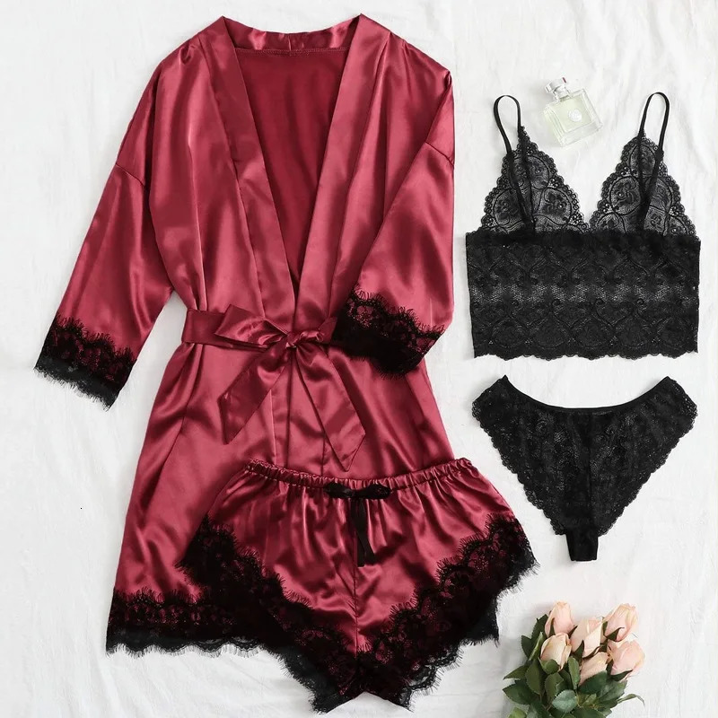 Sexy Women Home Dressing Gown Lingerie Lace Patchwork Satin Robe Set Nightwear Casual Sleepwear Kimono Bathrobe Nightdress 260727 - view 3