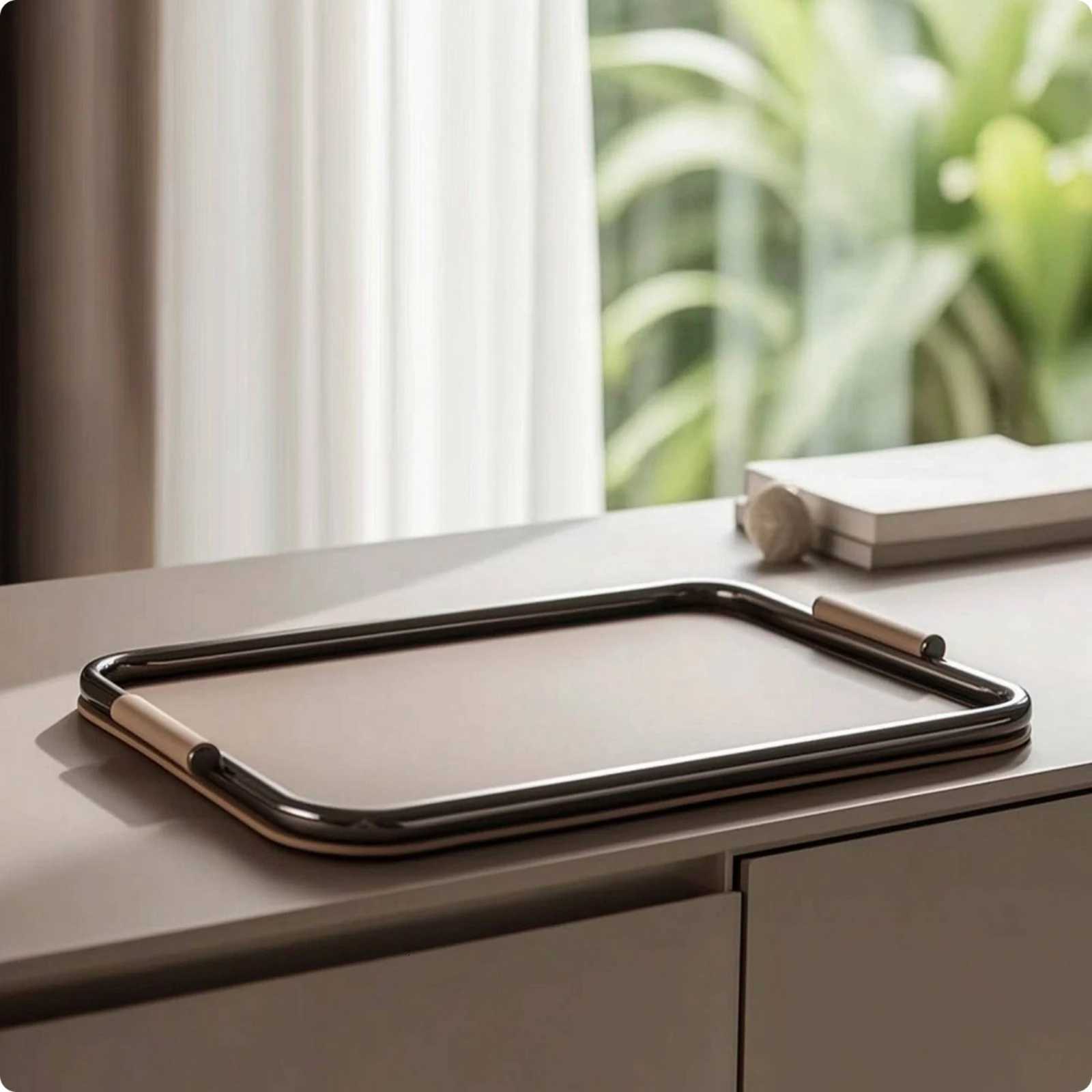 Leather Tray with Metal Frame Rectangar Catchall Tray with Handles Tabletop Organizer Modern Long-La for Coffee Table J260728 - view 4