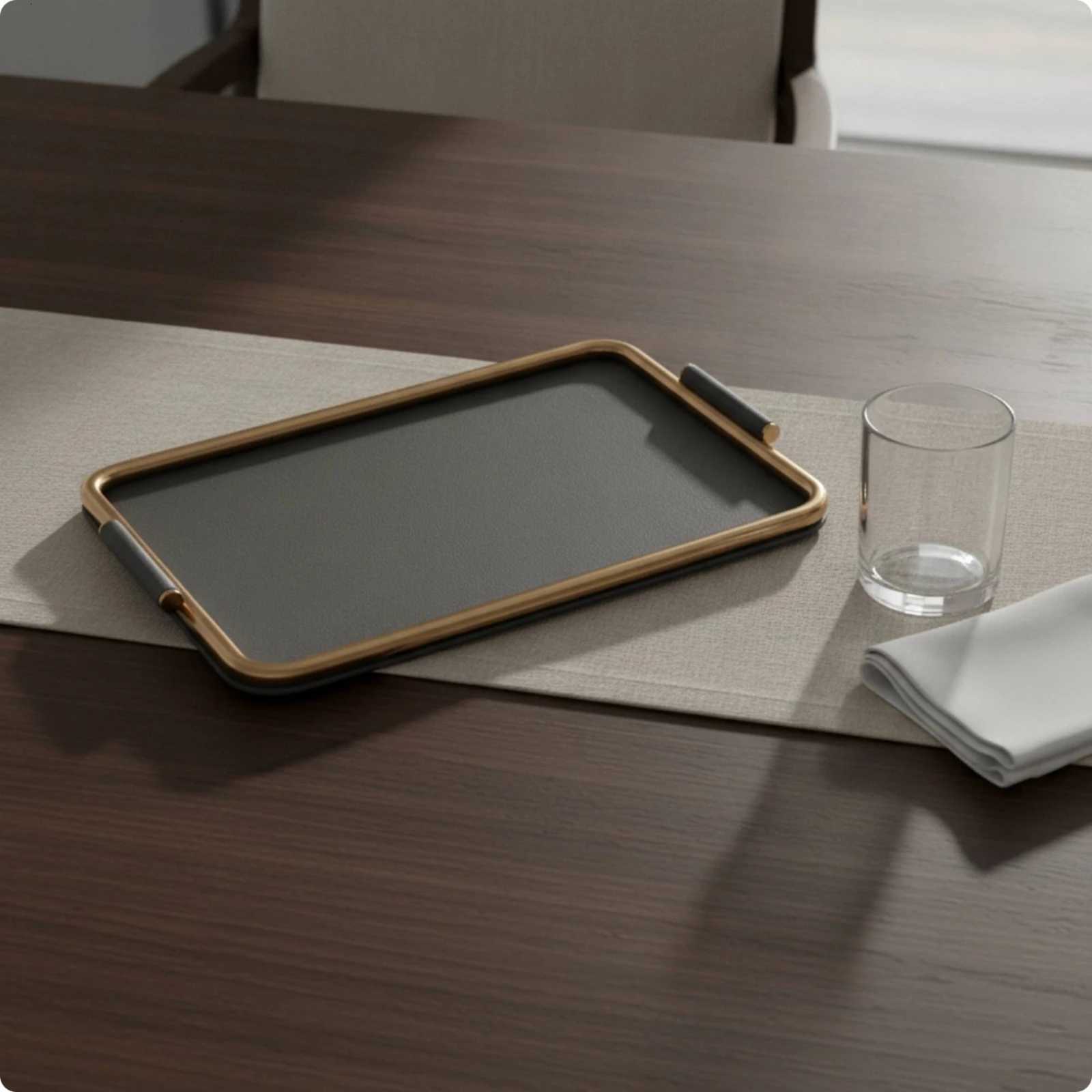 Leather Tray with Metal Frame Rectangar Catchall Tray with Handles Tabletop Organizer Modern Long-La for Coffee Table J260728 - view 5