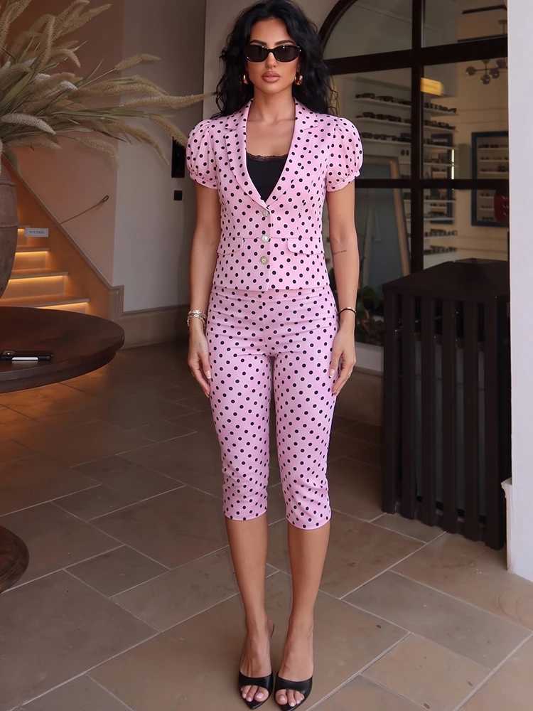 HH Fashion Womens Polka Dot Blazer Pant Sets Summer Short Puff Slve Cropped JacketTight Capri Pants Elegant Outerwear X260728 - view 3