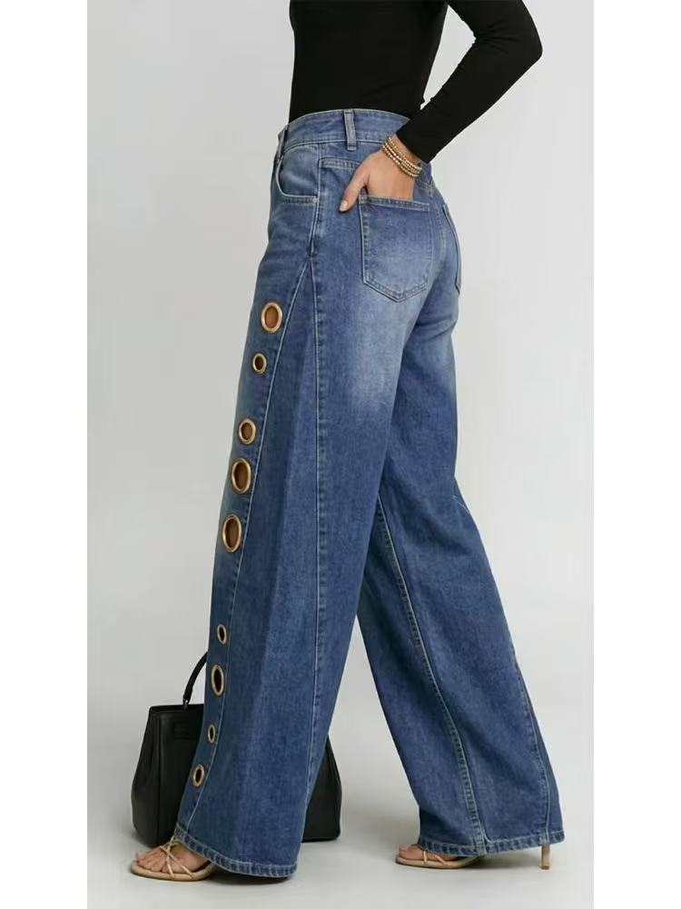 Women's Jeans High Waist Wide Leg Blue Denim Gold Eyelet Cutout Decor Loose Fit Streetwear Casual Y2K Trousers - view 4