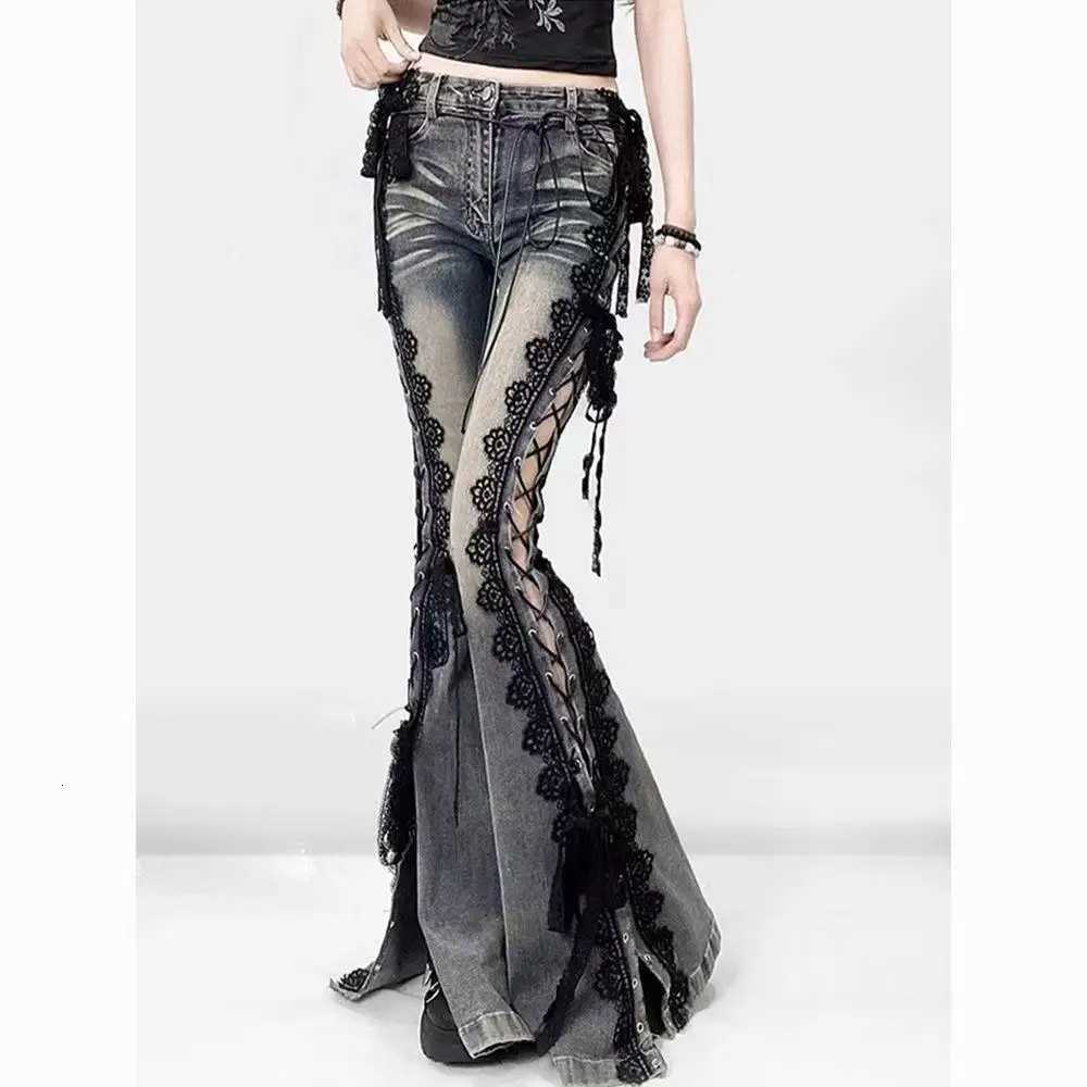 Rise Laced Split Bootcut Low Pants Women Jeans Do Old Sexy Skinny Hollow Out Bell Bottoms Retro Y2k Streetwear Aesthetic J260727 - view 3
