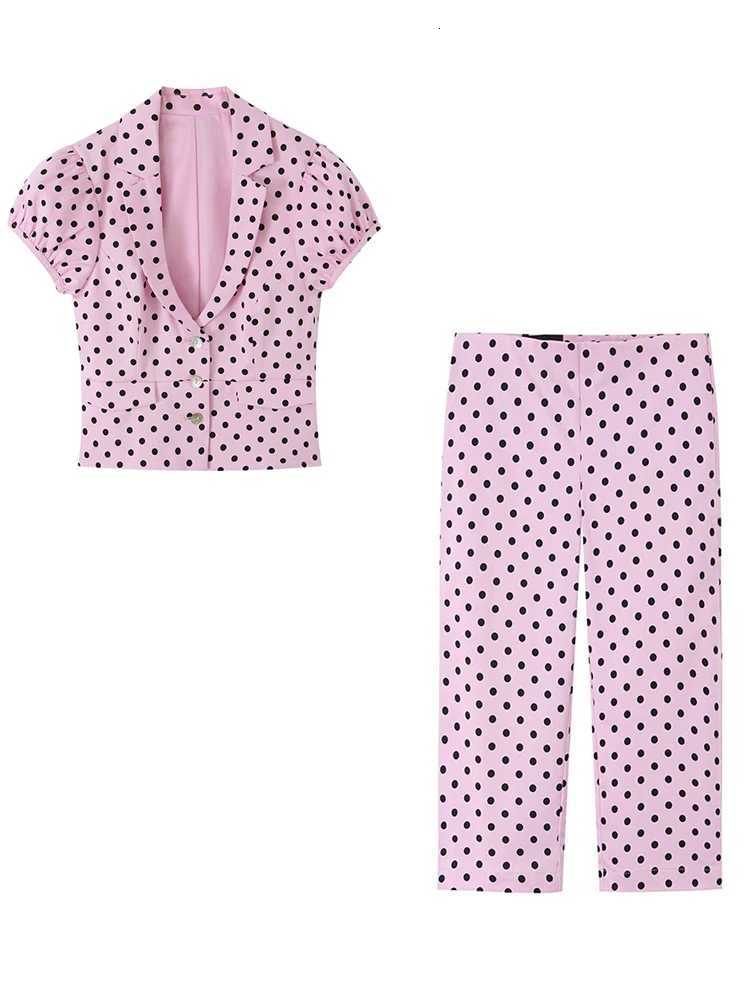 HH Fashion Womens Polka Dot Blazer Pant Sets Summer Short Puff Slve Cropped JacketTight Capri Pants Elegant Outerwear X260728 - view 5