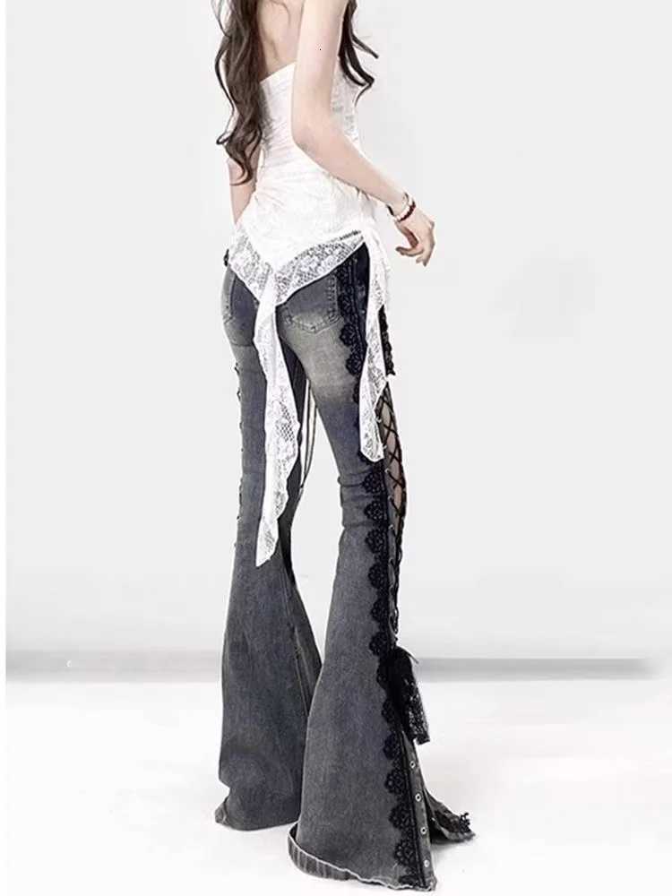 Rise Laced Split Bootcut Low Pants Women Jeans Do Old Sexy Skinny Hollow Out Bell Bottoms Retro Y2k Streetwear Aesthetic J260727 - view 6